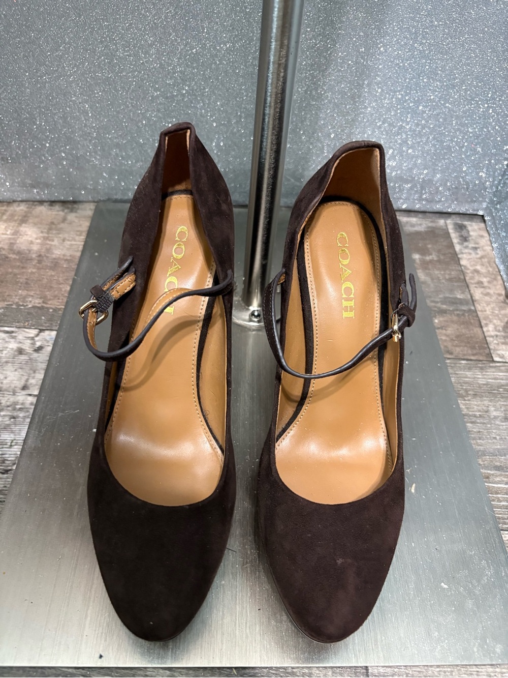 COACH Dark Brown Suede Mary Jane Pumps with Ankle Strap